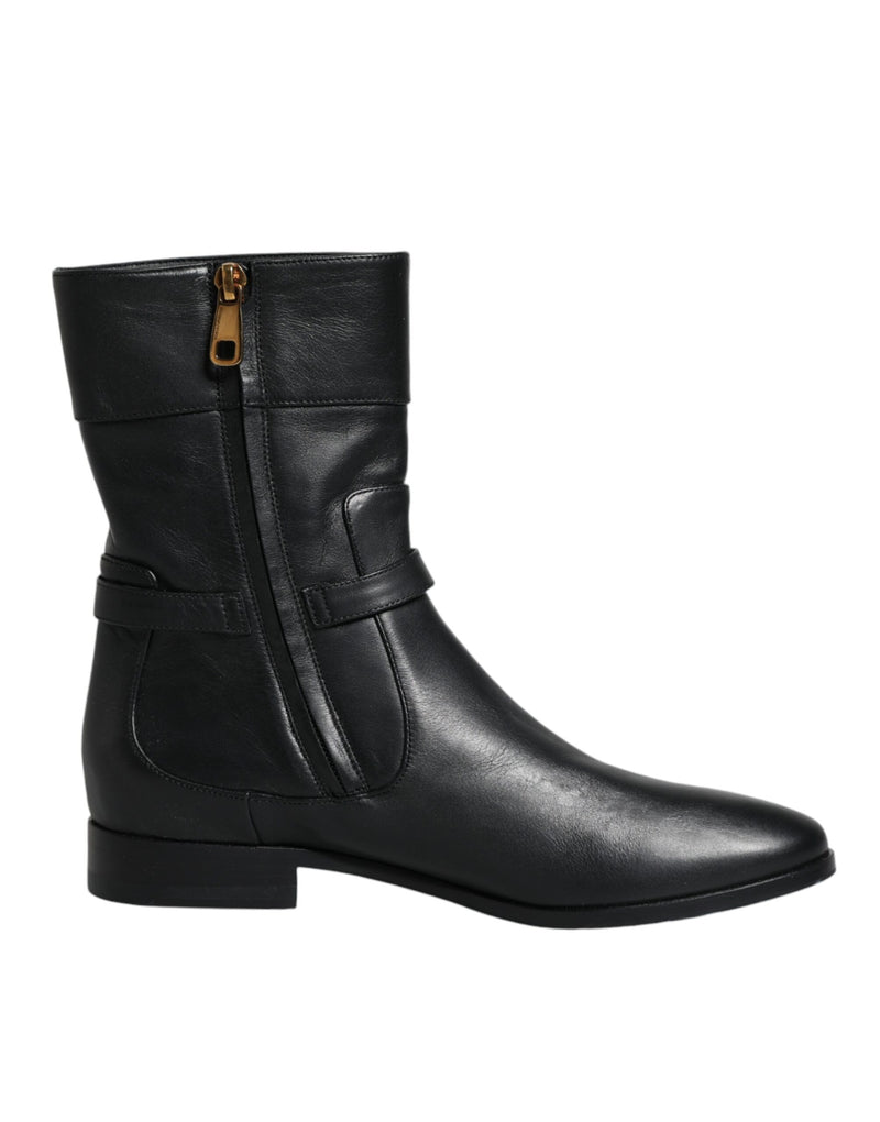 Black Leather Logo Mid Calf Boots Shoes-Dolce & Gabbana-LabelTerrace.com