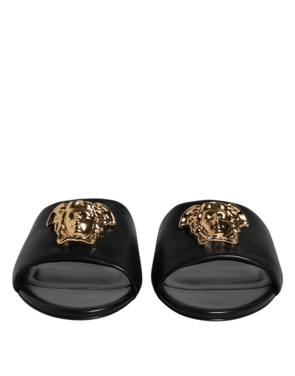 Black Leather Logo Plaque Slip On Slides Flats Shoes-Versace-LabelTerrace.com