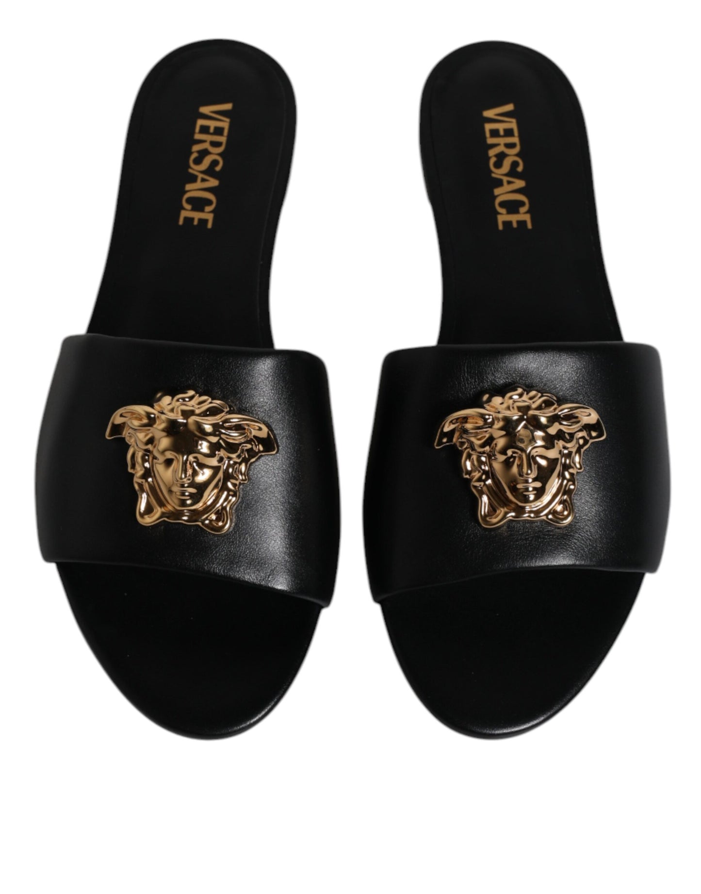 Black Leather Logo Plaque Slip On Slides Flats Shoes-Versace-LabelTerrace.com