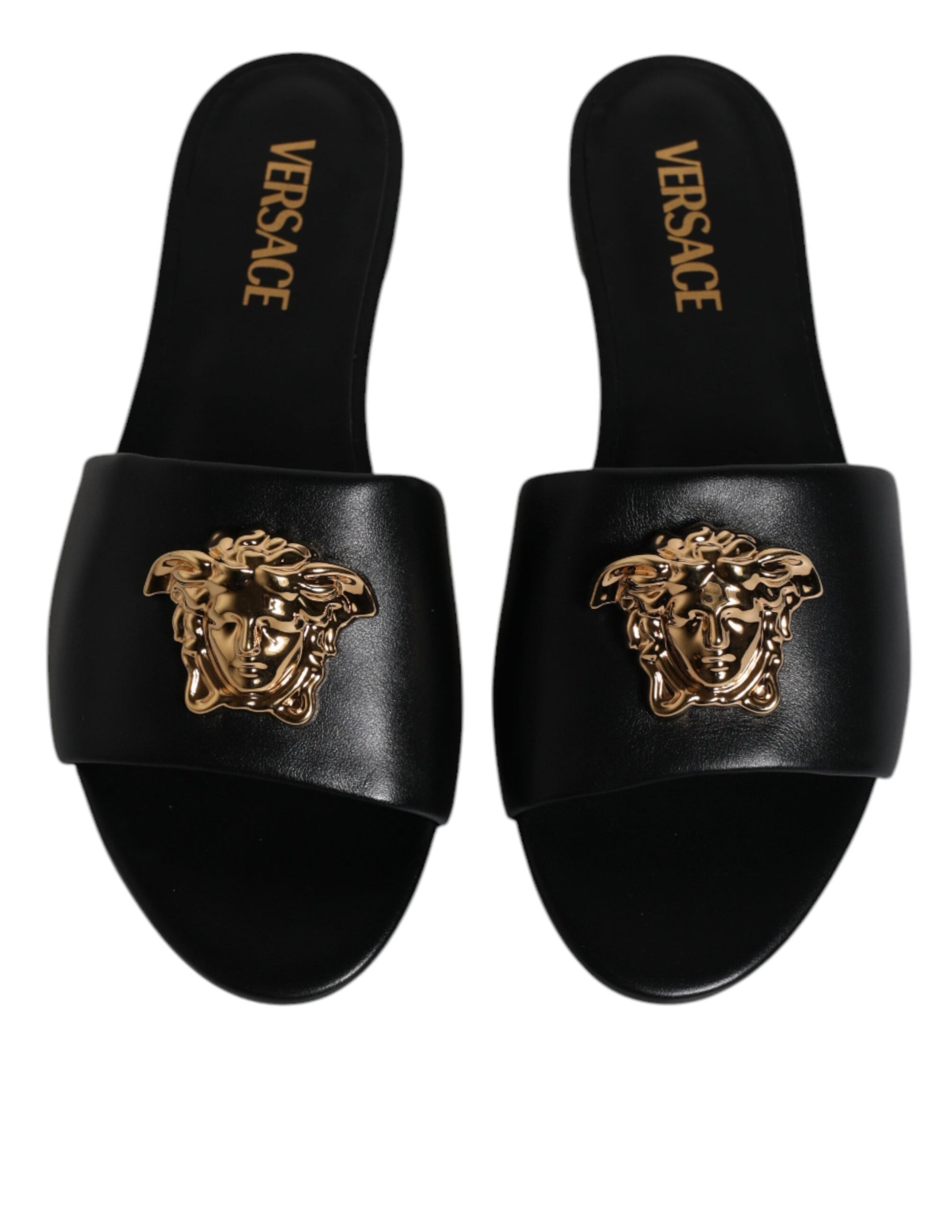 Black Leather Logo Plaque Slip On Slides Flats Shoes-Versace-LabelTerrace.com