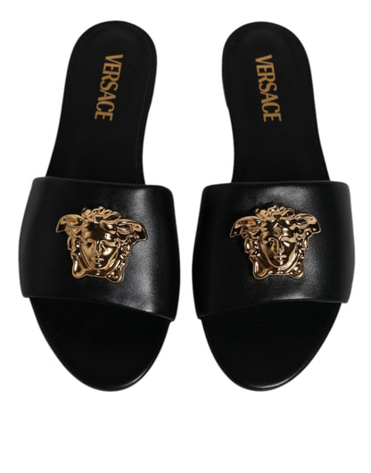 Black Leather Logo Plaque Slip On Slides Flats Shoes-Versace-LabelTerrace.com