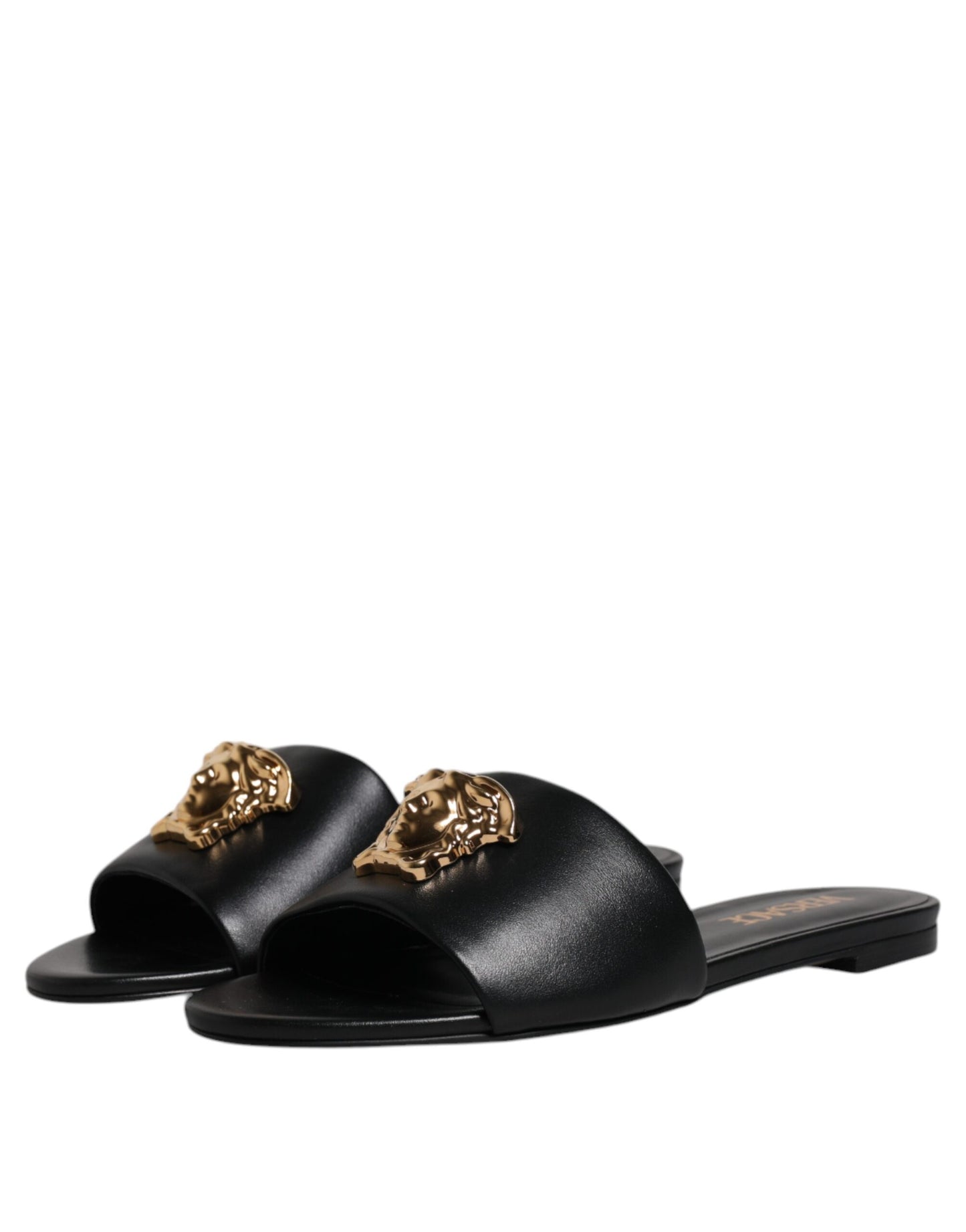 Black Leather Logo Plaque Slip On Slides Flats Shoes-Versace-LabelTerrace.com
