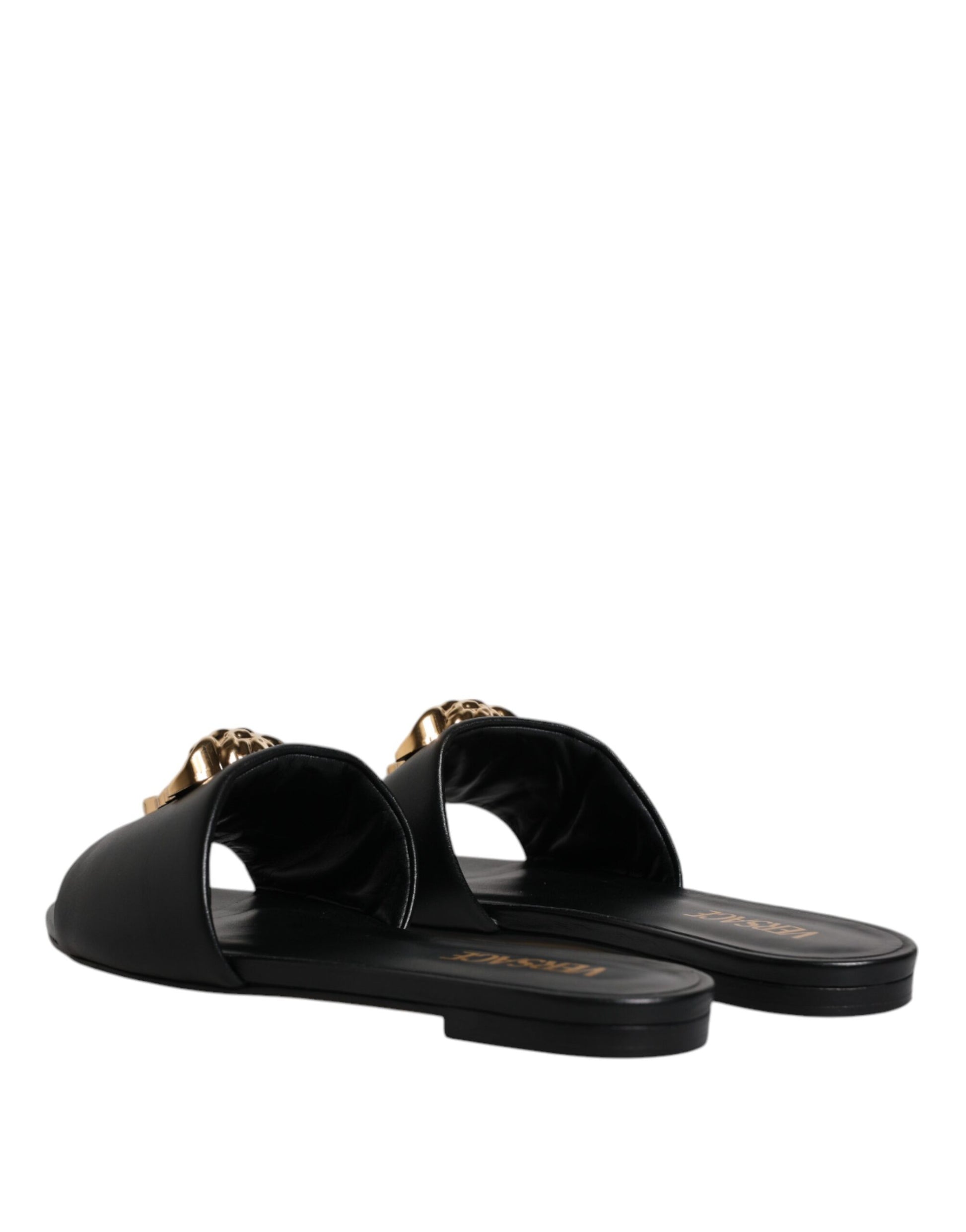Black Leather Logo Plaque Slip On Slides Flats Shoes-Versace-LabelTerrace.com