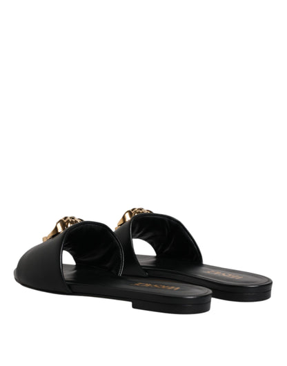 Black Leather Logo Plaque Slip On Slides Flats Shoes-Versace-LabelTerrace.com