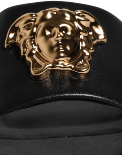 Black Leather Logo Plaque Slip On Slides Flats Shoes-Versace-LabelTerrace.com
