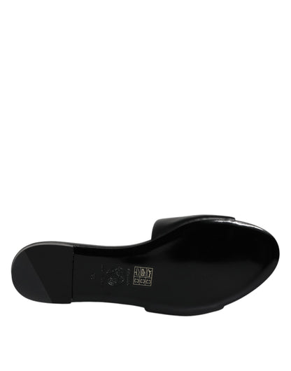 Black Leather Logo Plaque Slip On Slides Flats Shoes-Versace-LabelTerrace.com
