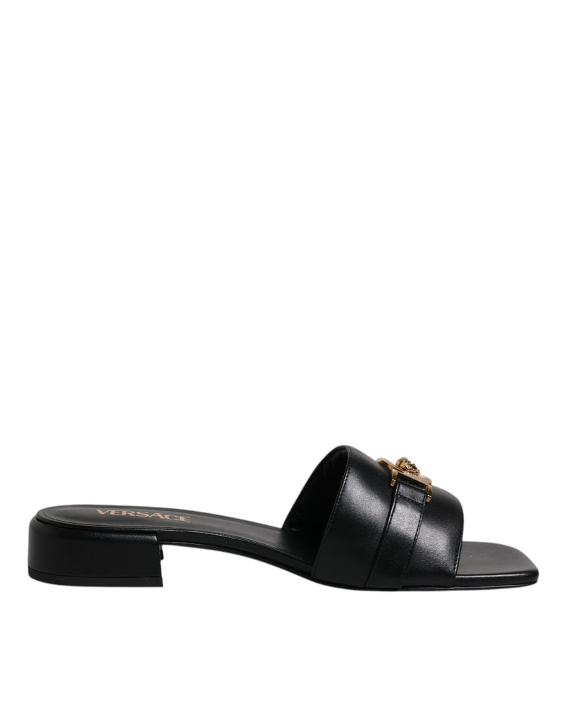 Black Leather Logo Plaque Slip On Slides Flats Shoes-Versace-LabelTerrace.com