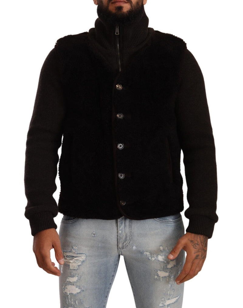 Black Leather Mens Turtle Neck Coat Jacket-Dolce & Gabbana-LabelTerrace.com