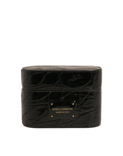Black Leather Metal Logo Plaque Holder Airpods Case-Dolce & Gabbana-LabelTerrace.com