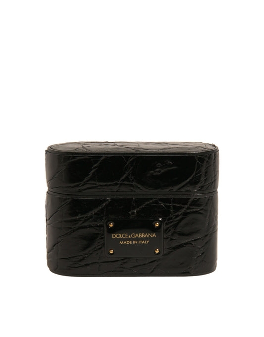 Black Leather Metal Logo Plaque Holder Airpods Case-Dolce & Gabbana-LabelTerrace.com