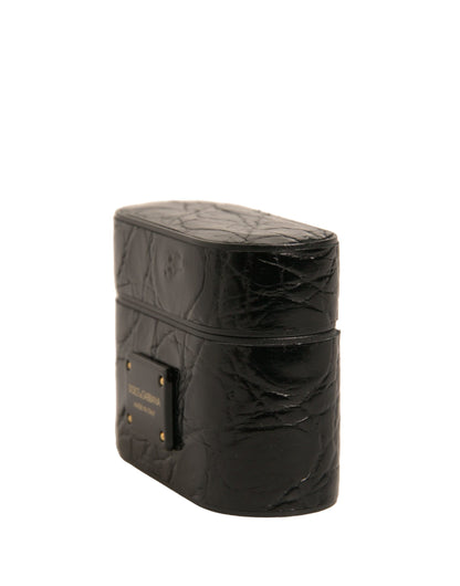 Black Leather Metal Logo Plaque Holder Airpods Case-Dolce & Gabbana-LabelTerrace.com
