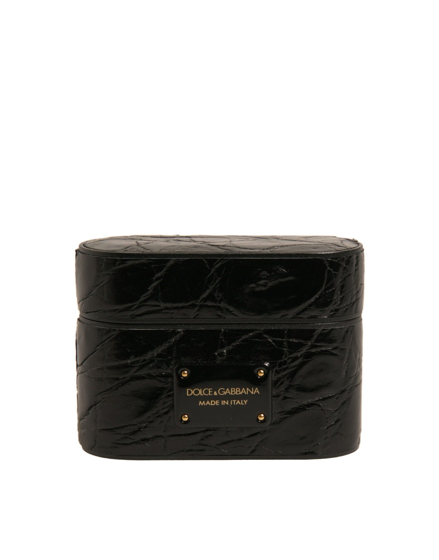 Black Leather Metal Logo Plaque Holder Airpods Case-Dolce & Gabbana-LabelTerrace.com