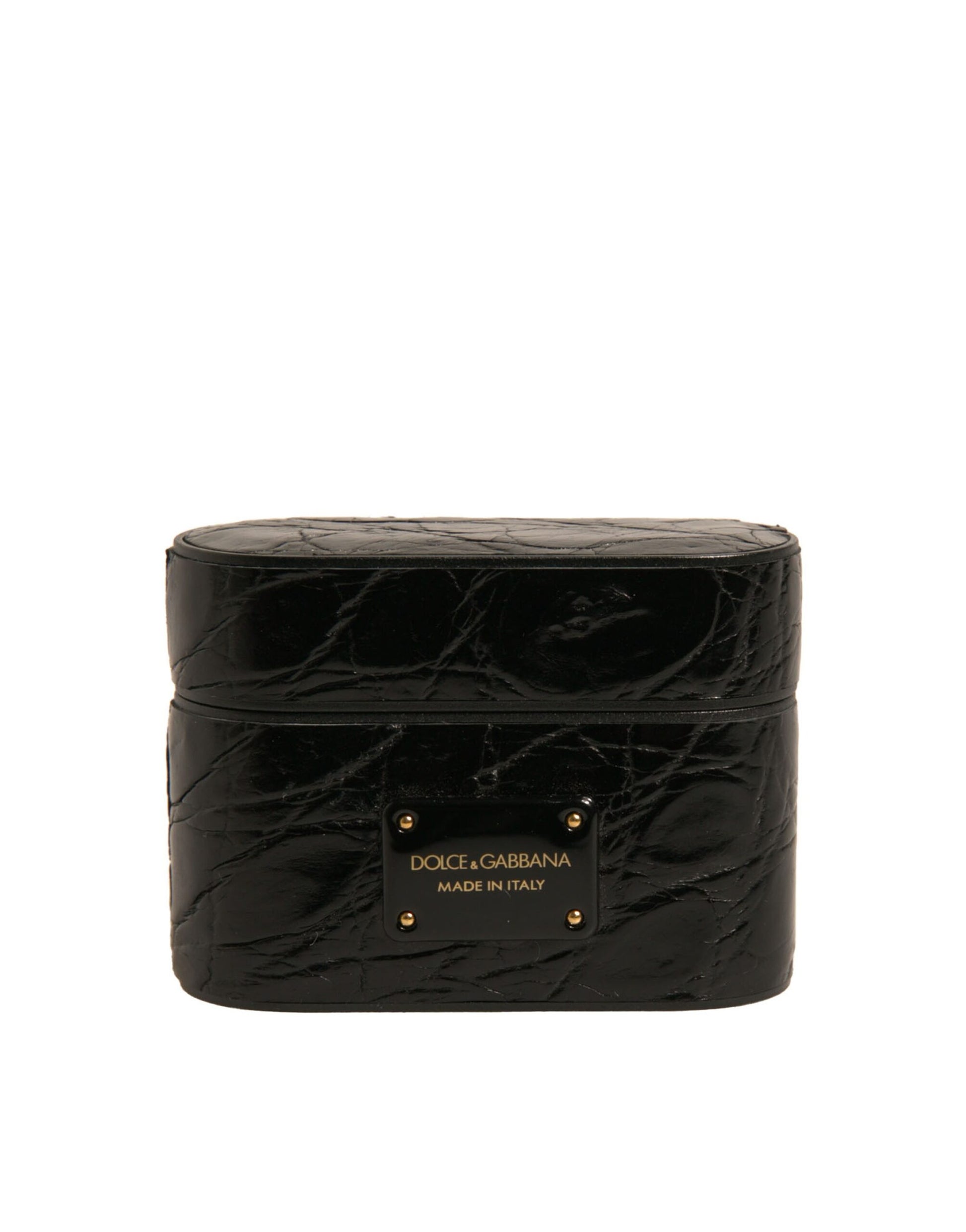 Black Leather Metal Logo Plaque Holder Airpods Case-Dolce & Gabbana-LabelTerrace.com