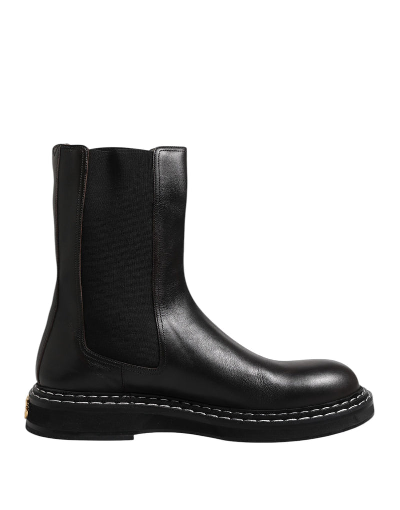 Black Leather Mid Calf Boots Flats Shoes-Dolce & Gabbana-LabelTerrace.com
