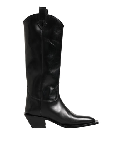 Black Leather Over The Calf Biker Boots Shoes