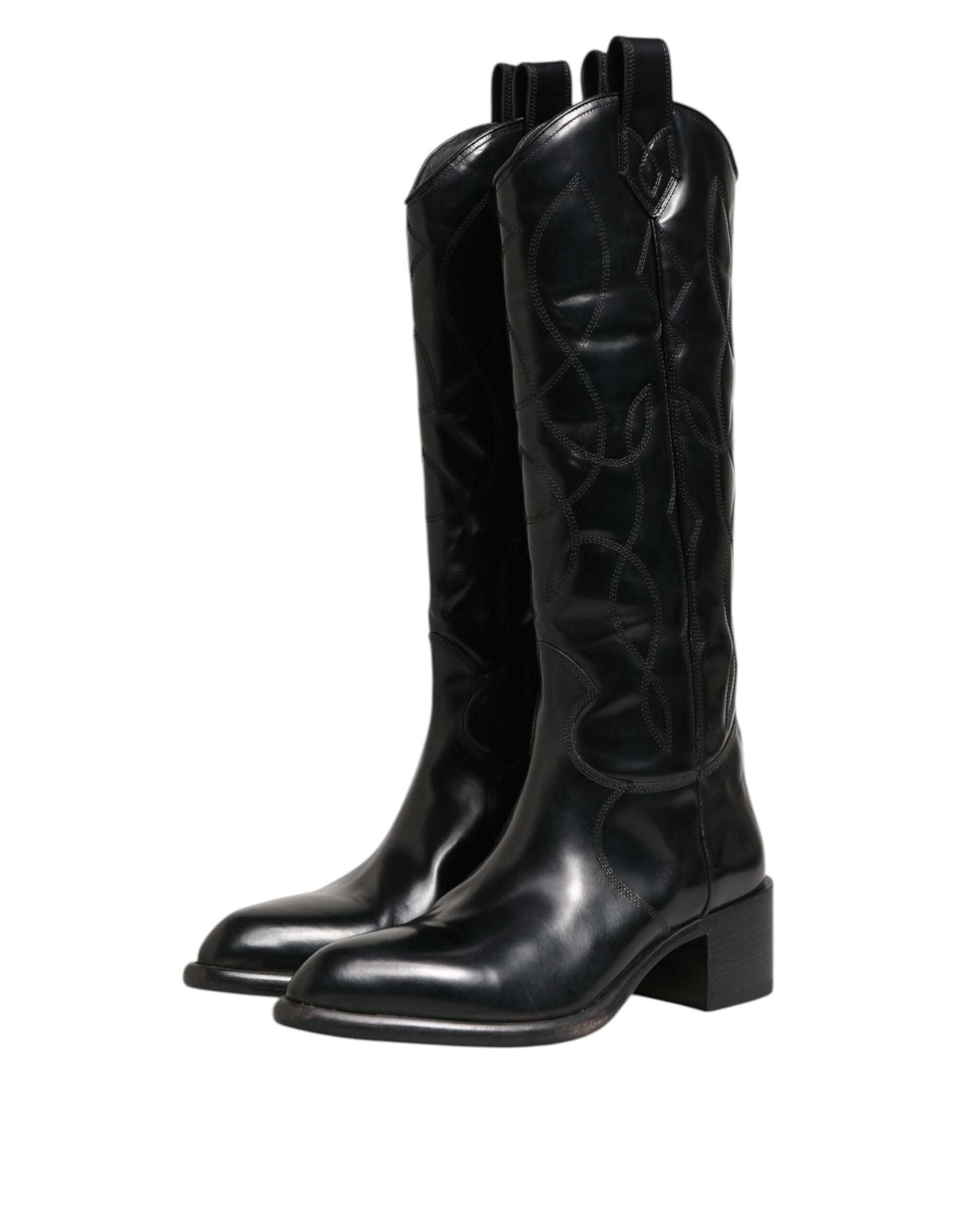 Black Leather Over The Calf Biker Boots Shoes