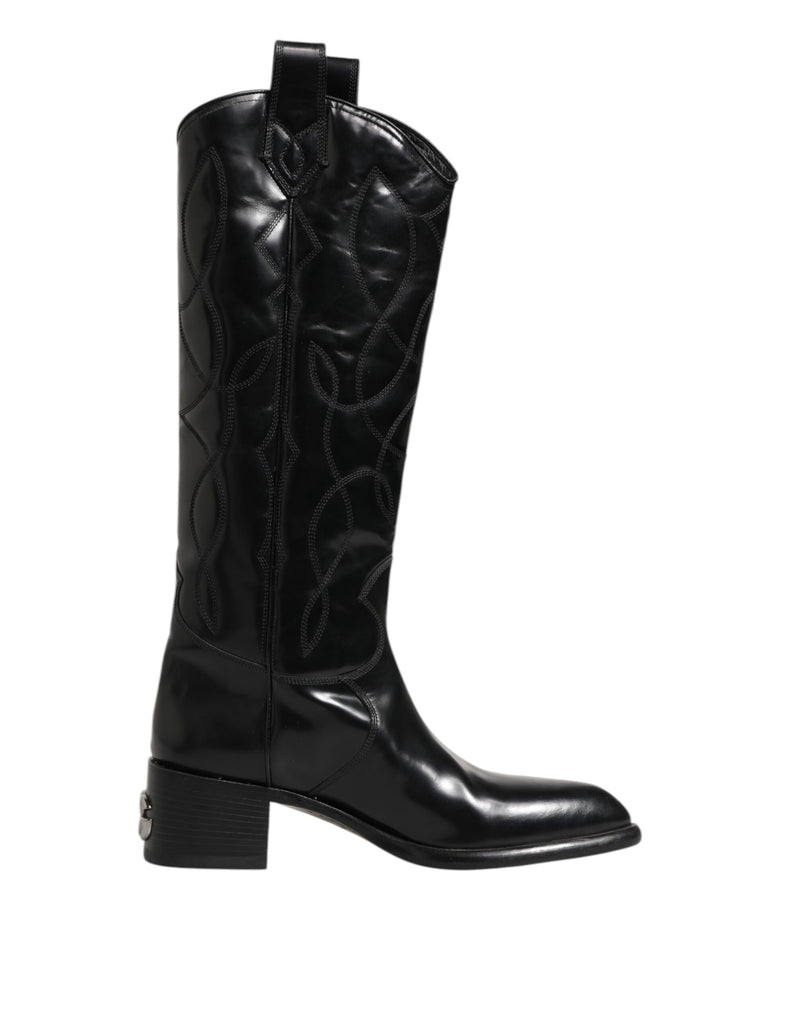 Black Leather Over The Calf Biker Boots Shoes