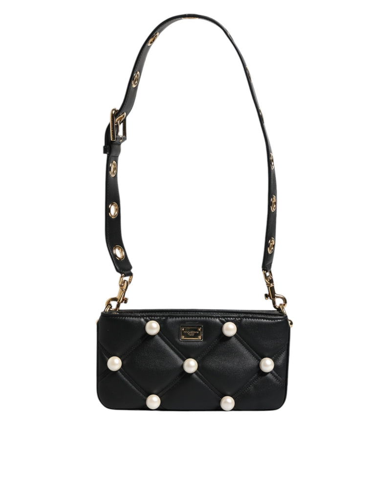 Black Leather Pearl Embellished Logo Shoulder Bag-Dolce & Gabbana-LabelTerrace.com