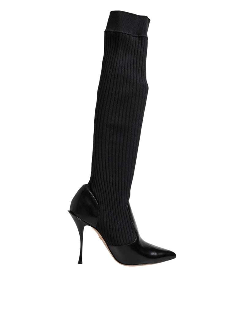 Black Leather Ribbed Knit Knee Boots Shoes-Dolce & Gabbana-LabelTerrace.com