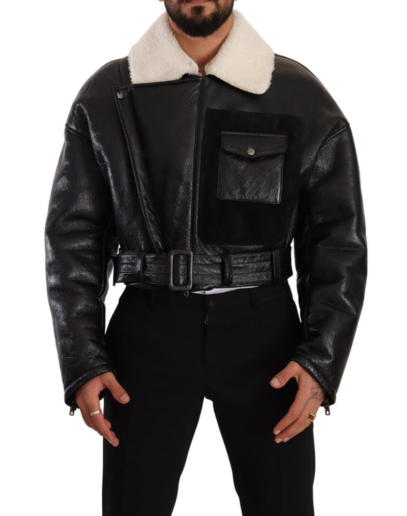 Black Leather Shearling Biker Coat Jacket-Dolce & Gabbana-LabelTerrace.com