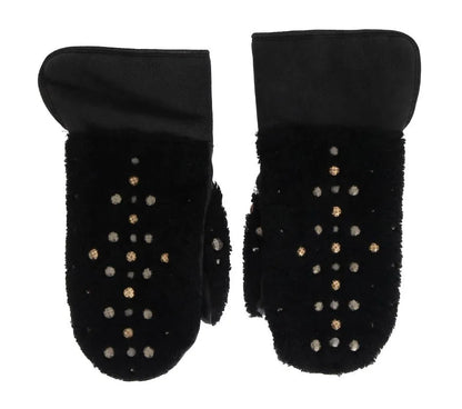 Black Leather Shearling Studded Gloves-Dolce & Gabbana-LabelTerrace.com