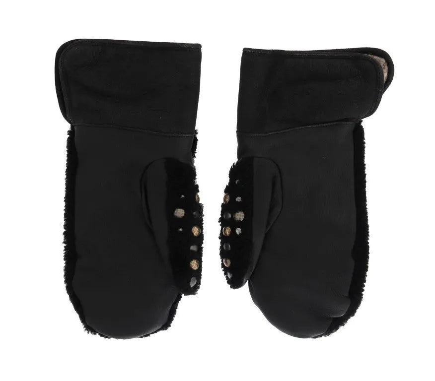 Black Leather Shearling Studded Gloves-Dolce & Gabbana-LabelTerrace.com