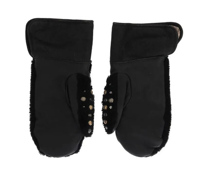 Black Leather Shearling Studded Gloves-Dolce & Gabbana-LabelTerrace.com