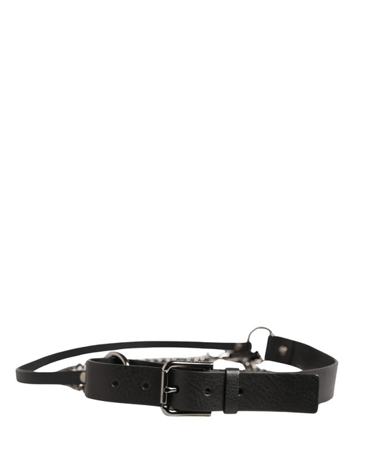 Black Leather Silver Chain Waist Men Belt