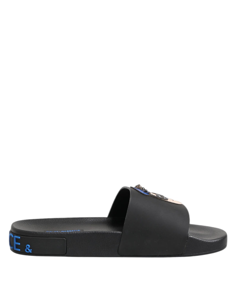 Black Leather Slides Flats Beachwear Shoes-Dolce & Gabbana-LabelTerrace.com