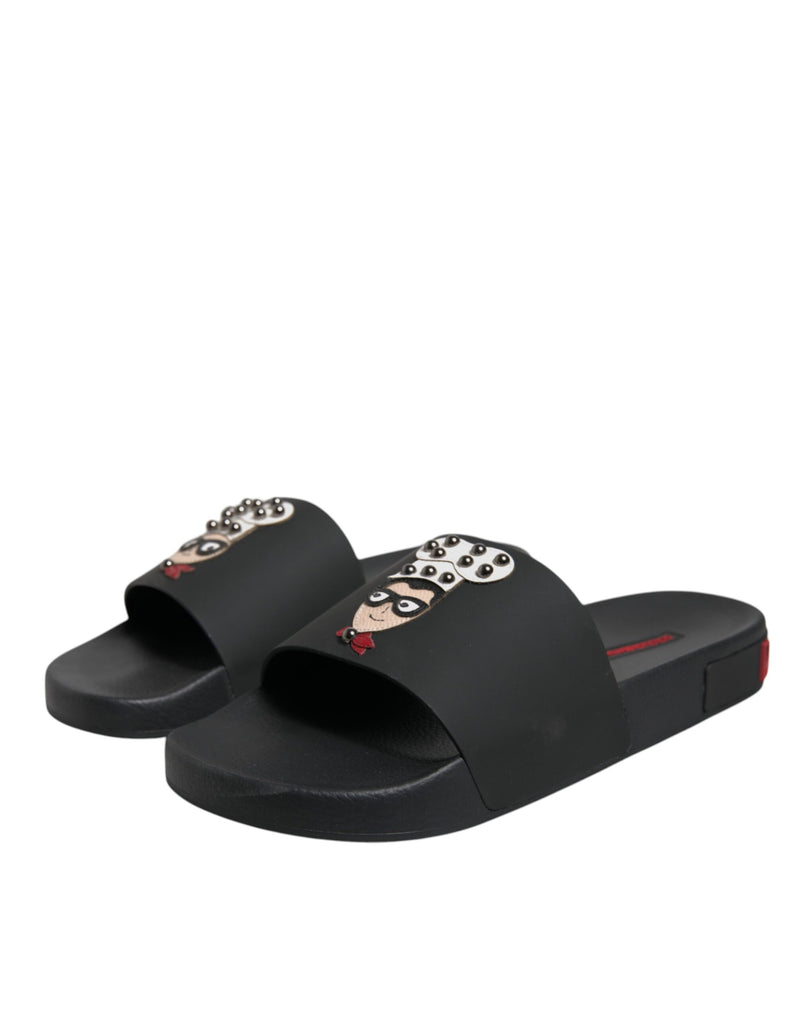 Black Leather Slides Sandals Beachwear Shoes-Dolce & Gabbana-LabelTerrace.com