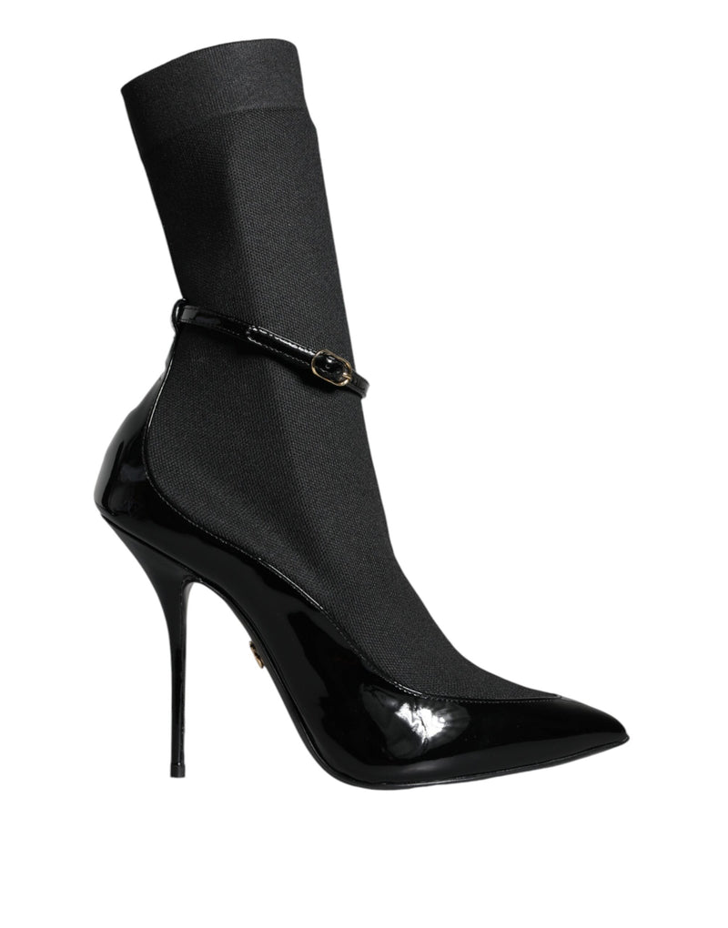 Black Leather Stilettos Booties Socks Shoes-Dolce & Gabbana-LabelTerrace.com
