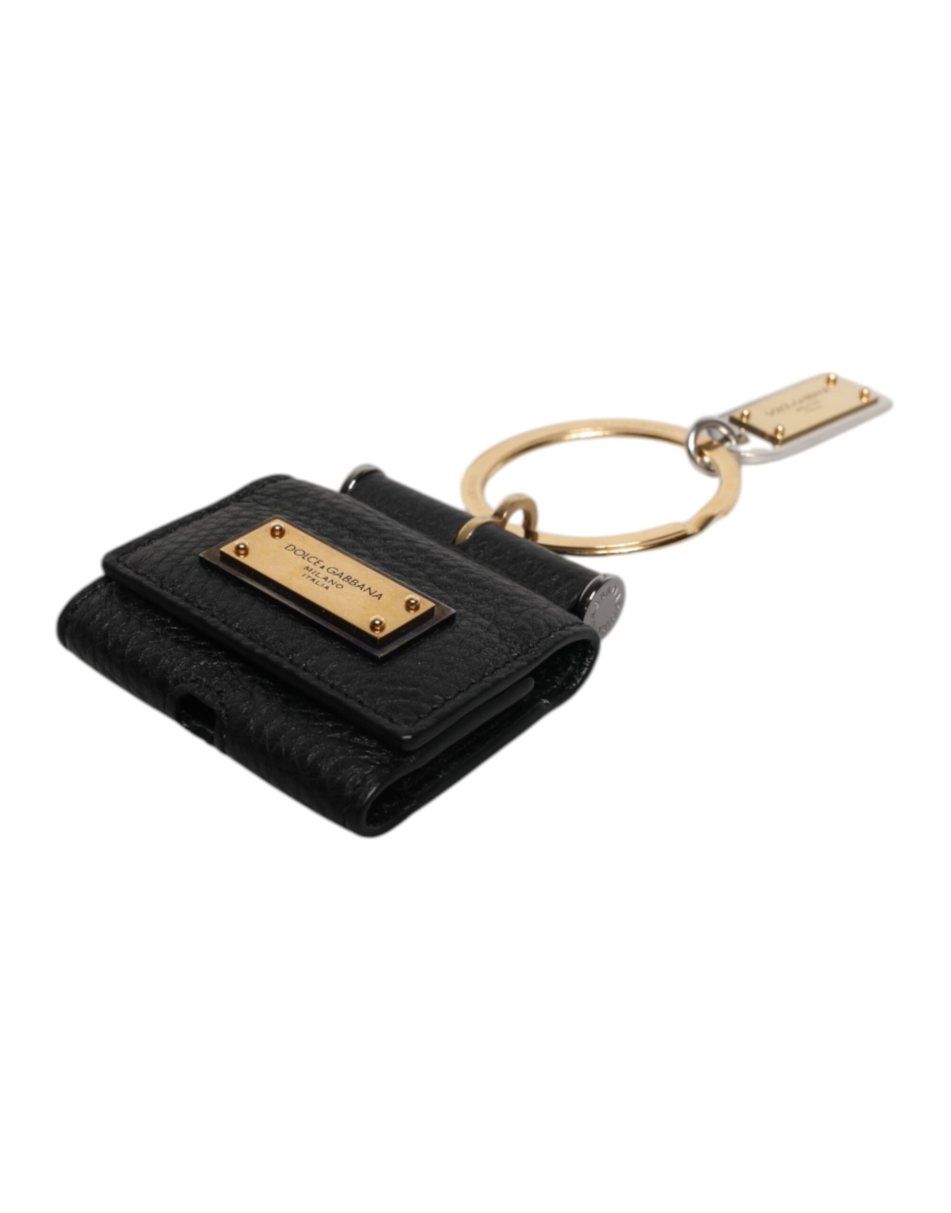 Black Leather Strap Gold Metal Logo Plaque Airpods Case-Dolce & Gabbana-LabelTerrace.com