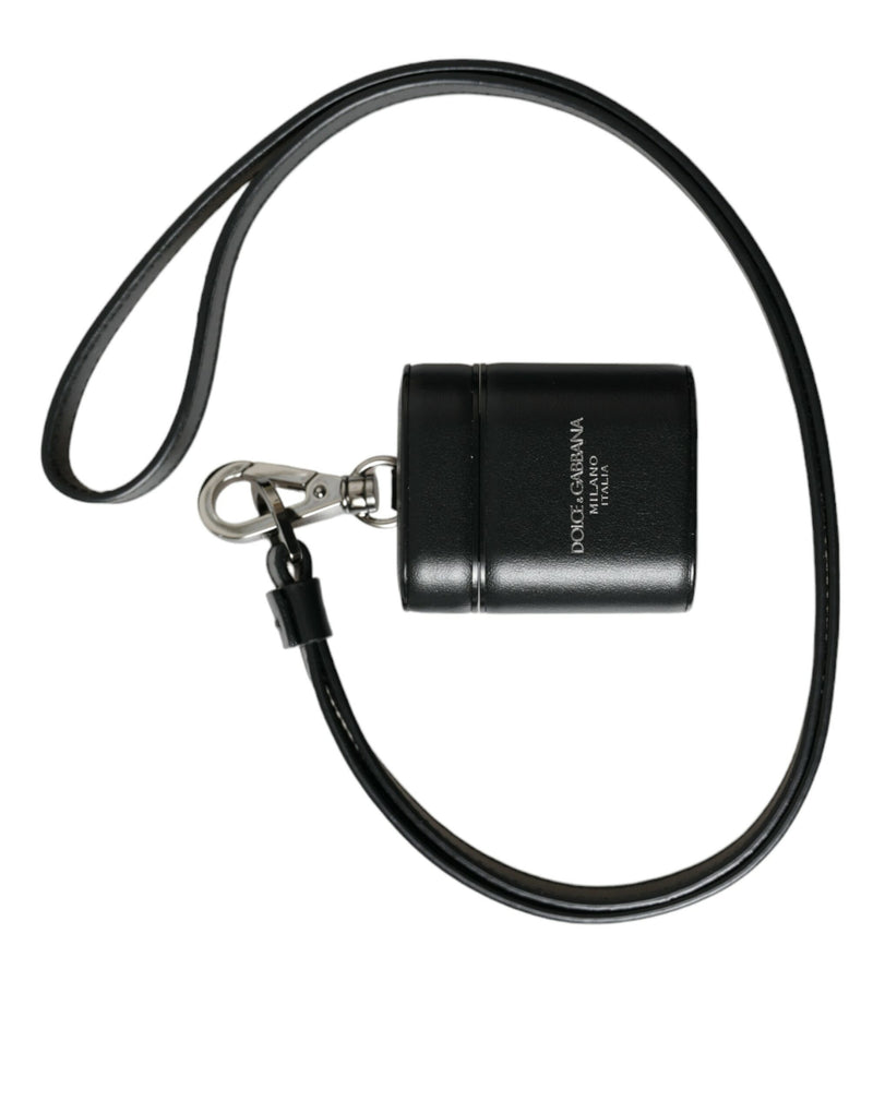 Black Leather Strap Silver Metal Logo Printed Airpods Case-Dolce & Gabbana-LabelTerrace.com