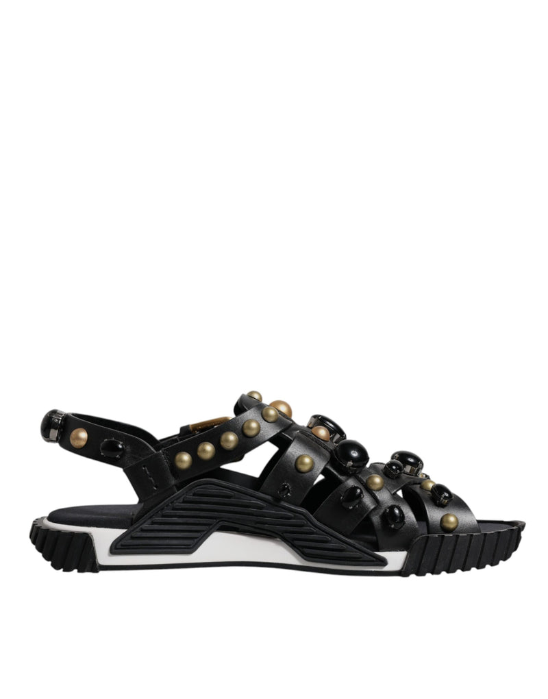 Black Leather Studded Slides Sandals Shoes-Dolce & Gabbana-LabelTerrace.com