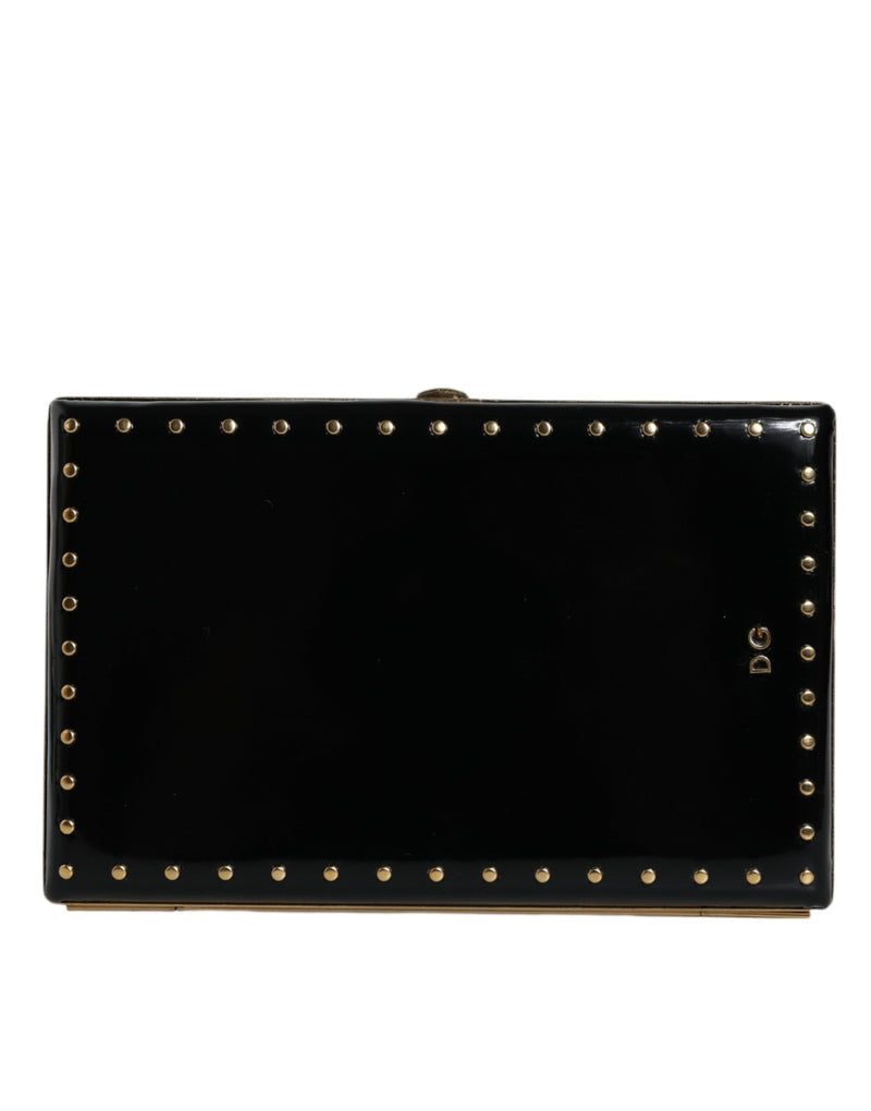 Black Leather Studs Gold Frame Clutch Evening Purse Bag-Dolce & Gabbana-LabelTerrace.com