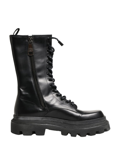 Black Leather Trek Sole Combat Boots Shoes
