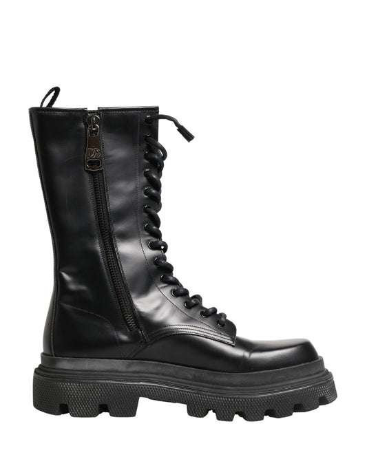 Black Leather Trek Sole Combat Boots Shoes