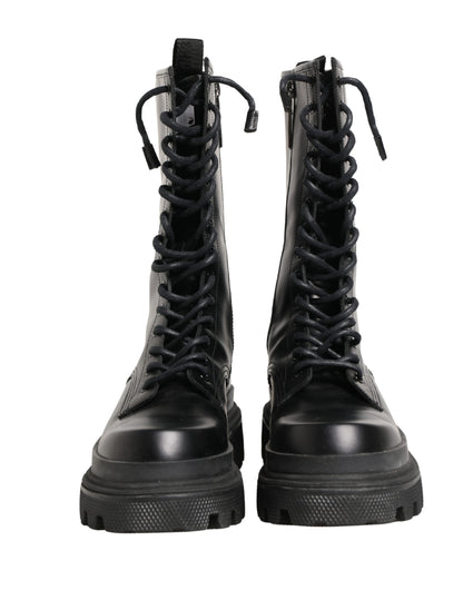 Black Leather Trek Sole Combat Boots Shoes