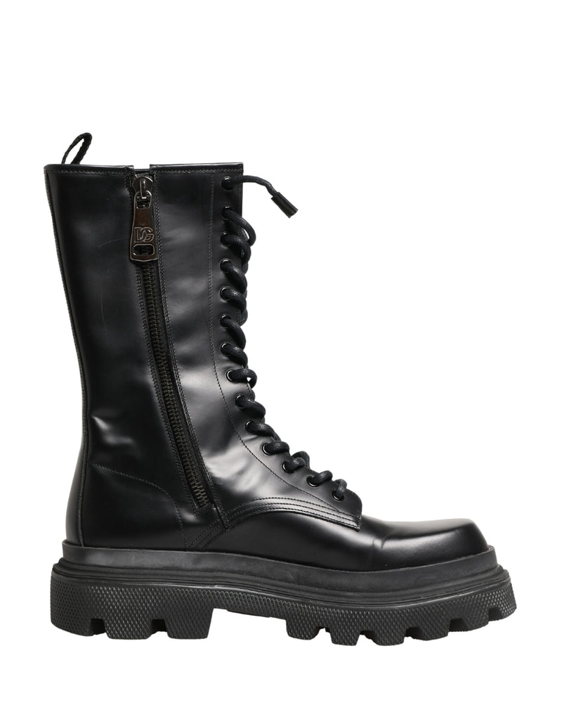 Black Leather Trek Sole Combat Boots Shoes