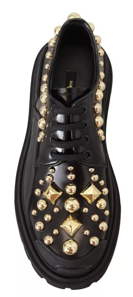 Black Leather Trekking Derby Embellished Shoes-Dolce & Gabbana-LabelTerrace.com