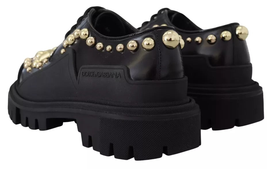 Black Leather Trekking Derby Embellished Shoes-Dolce & Gabbana-LabelTerrace.com