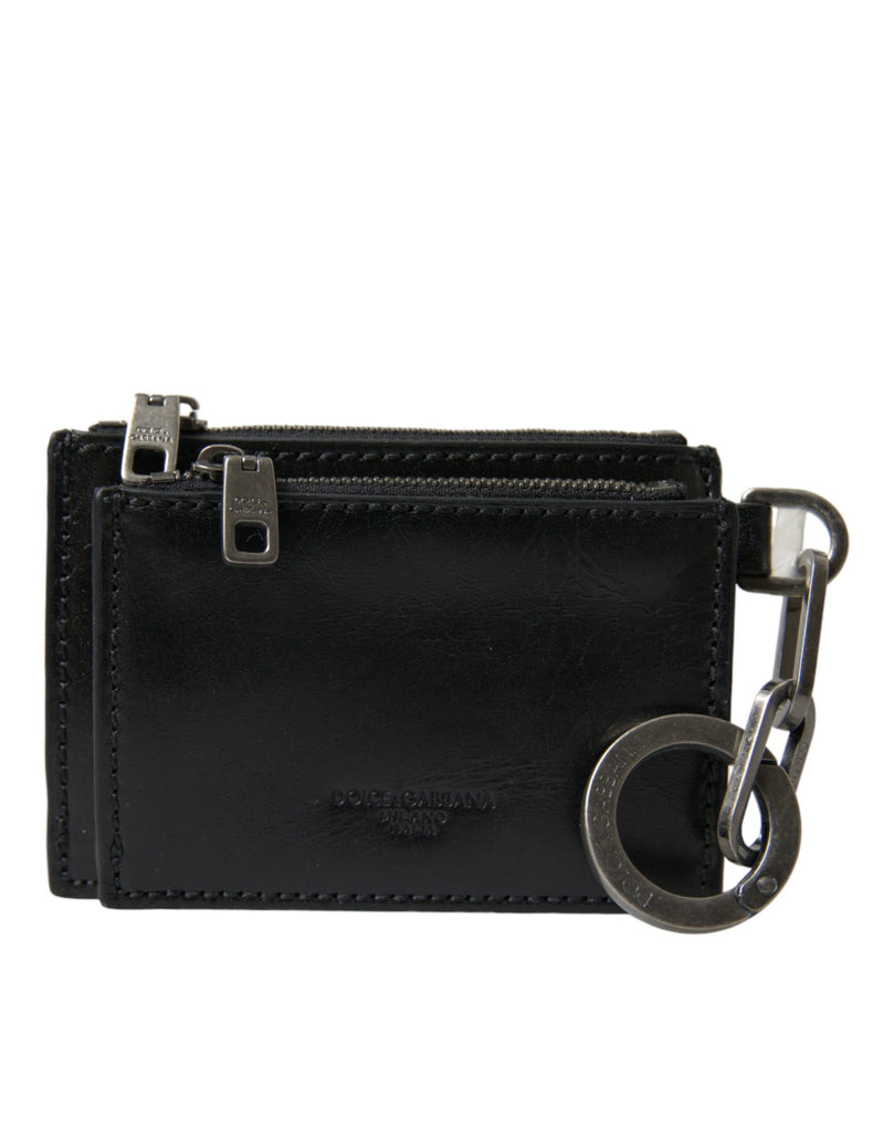 Black Leather Zip Logo Keyring Coin Purse Keyring Wallet-Dolce & Gabbana-LabelTerrace.com