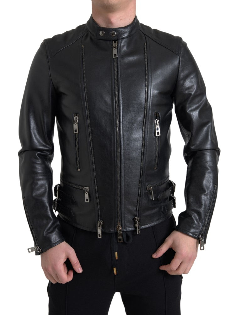 Black Leather Zipper Coat Men Jacket-Dolce & Gabbana-LabelTerrace.com