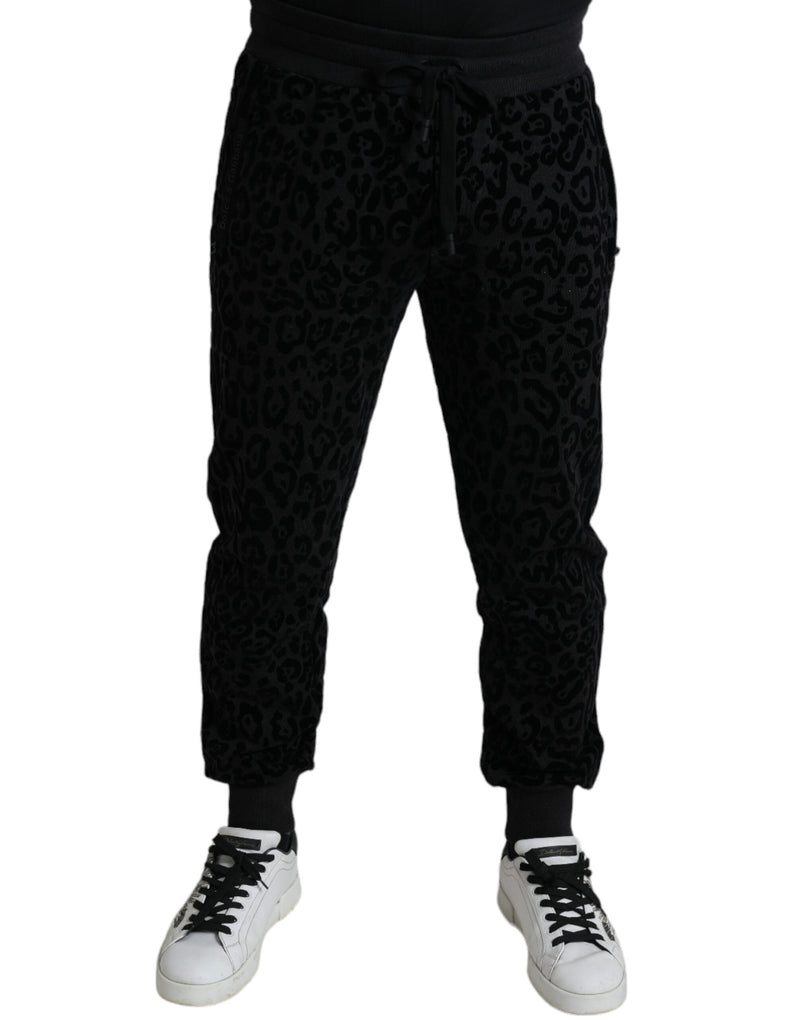 Black Leopard Cotton Slim Fit Jogger Pants-Dolce & Gabbana-LabelTerrace.com