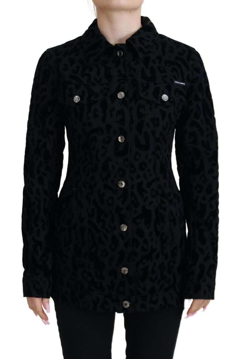 Black Leopard Long Sleeve Denim Cotton Jacket-Dolce & Gabbana-LabelTerrace.com