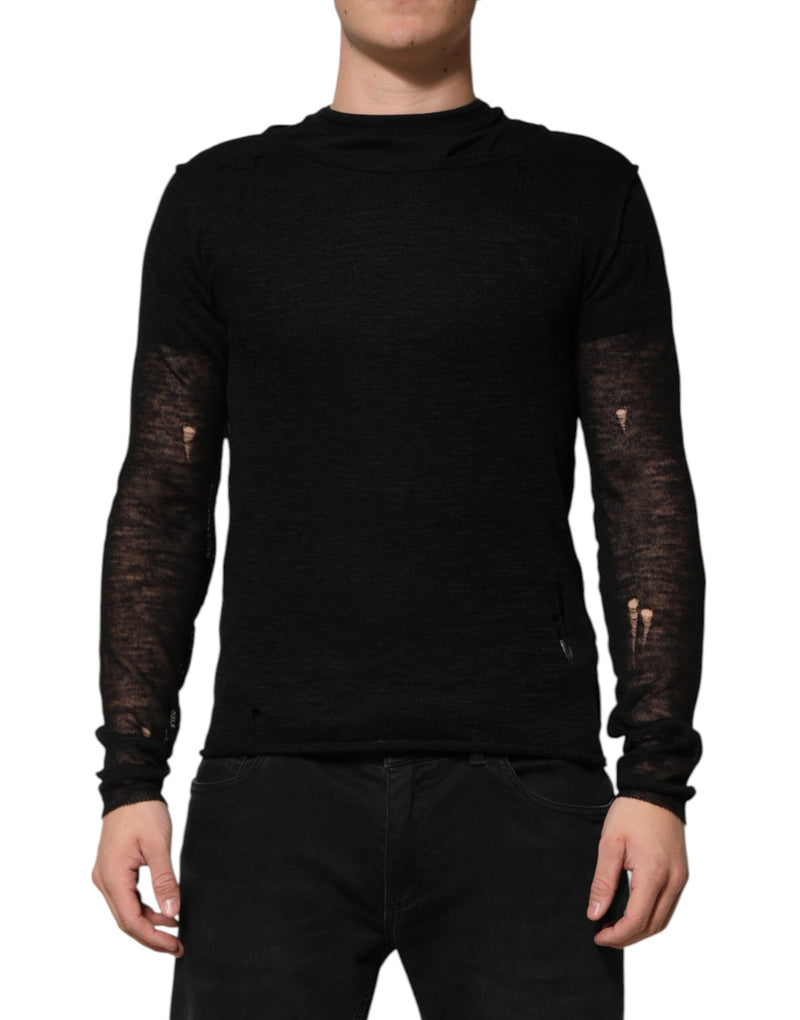 Black Linen Mesh Tattered Longsleeves T-shirt-Dolce & Gabbana-LabelTerrace.com