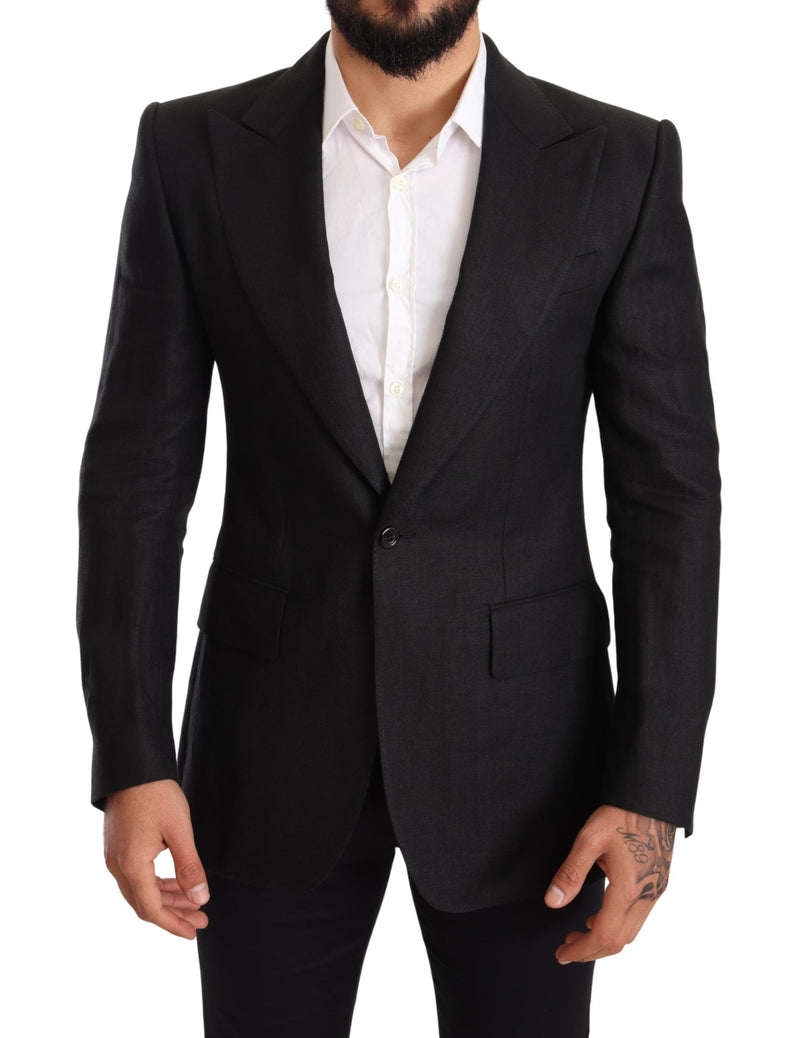 Black Linen Slim Fit Coat Jacket Blazer-Dolce & Gabbana-LabelTerrace.com