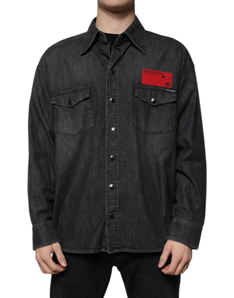 Black Logo Cotton Button Down Denim Shirt-Dolce & Gabbana-LabelTerrace.com