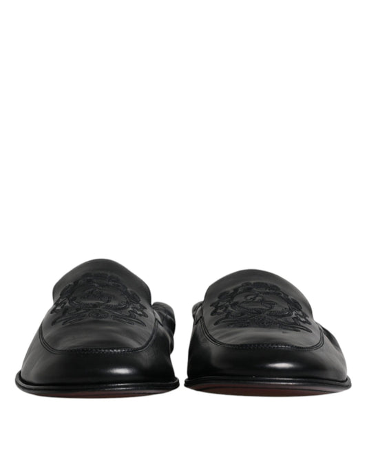 Black Logo Embroidered Leather Loafer Men Dress Shoes-Dolce & Gabbana-LabelTerrace.com