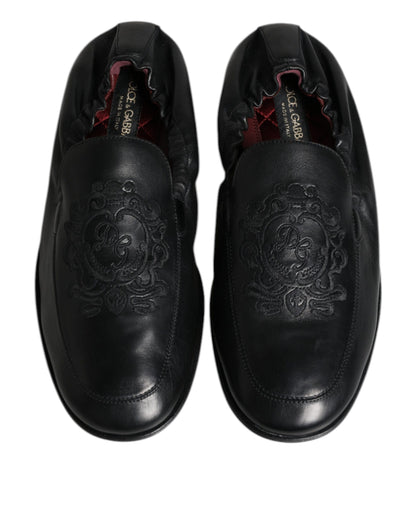 Black Logo Embroidered Leather Loafer Men Dress Shoes-Dolce & Gabbana-LabelTerrace.com